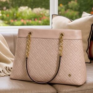 Tory Burch Fleming Shell Pink Quilted Leather Triple Compartment Shoulder Tote